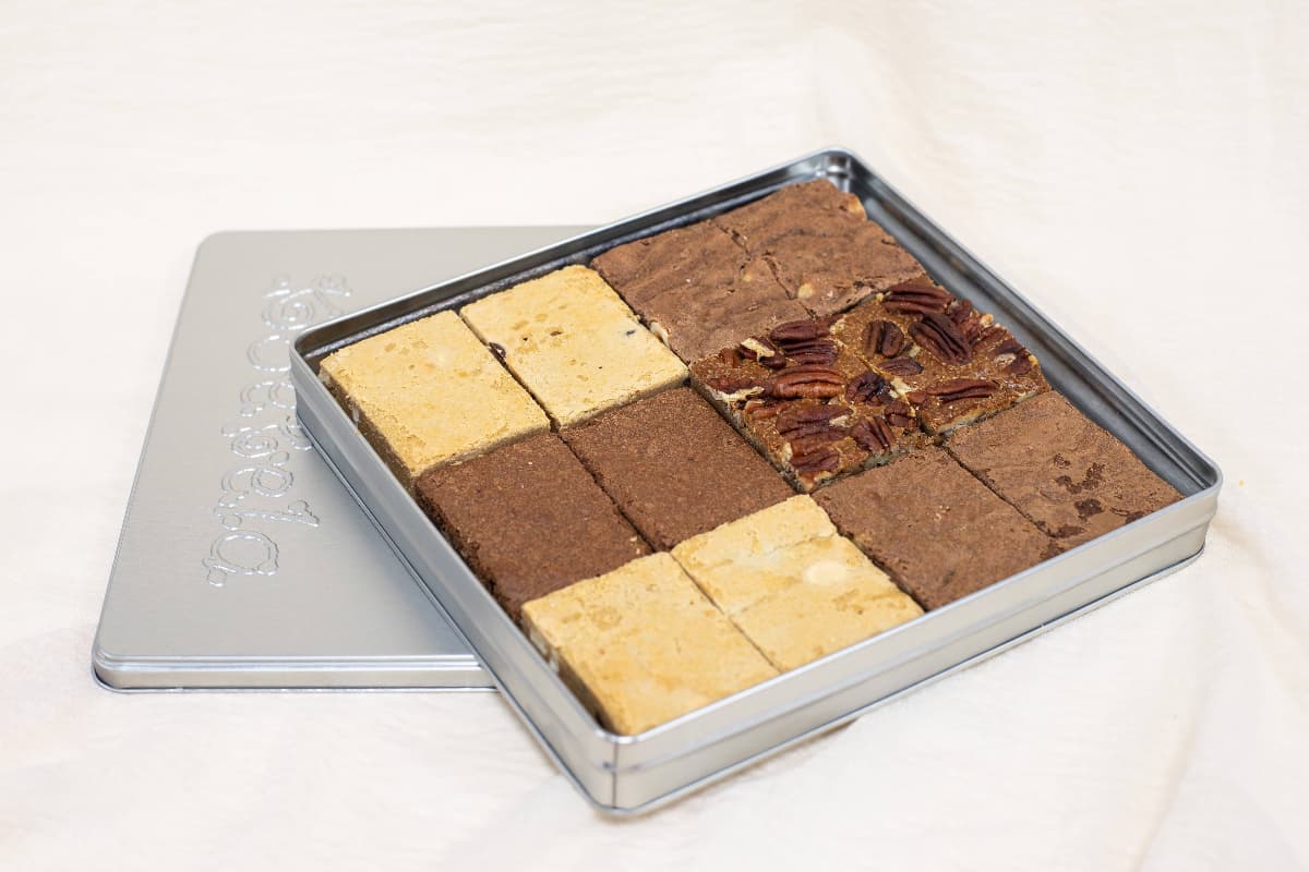 Koekela’s Silver Tin Filled With 12 Brownies And Blondies